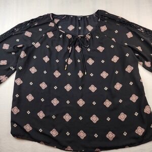 Roz & Ali Whimsigoth Bell Sleeve Semi-Sheer Women 3X Top Black Patched Medallian